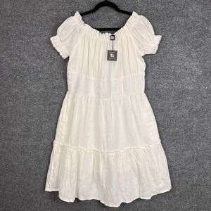 New Madison Mathews 100% Linen Women XL Off Shoulder Ruffle‎ Dress White